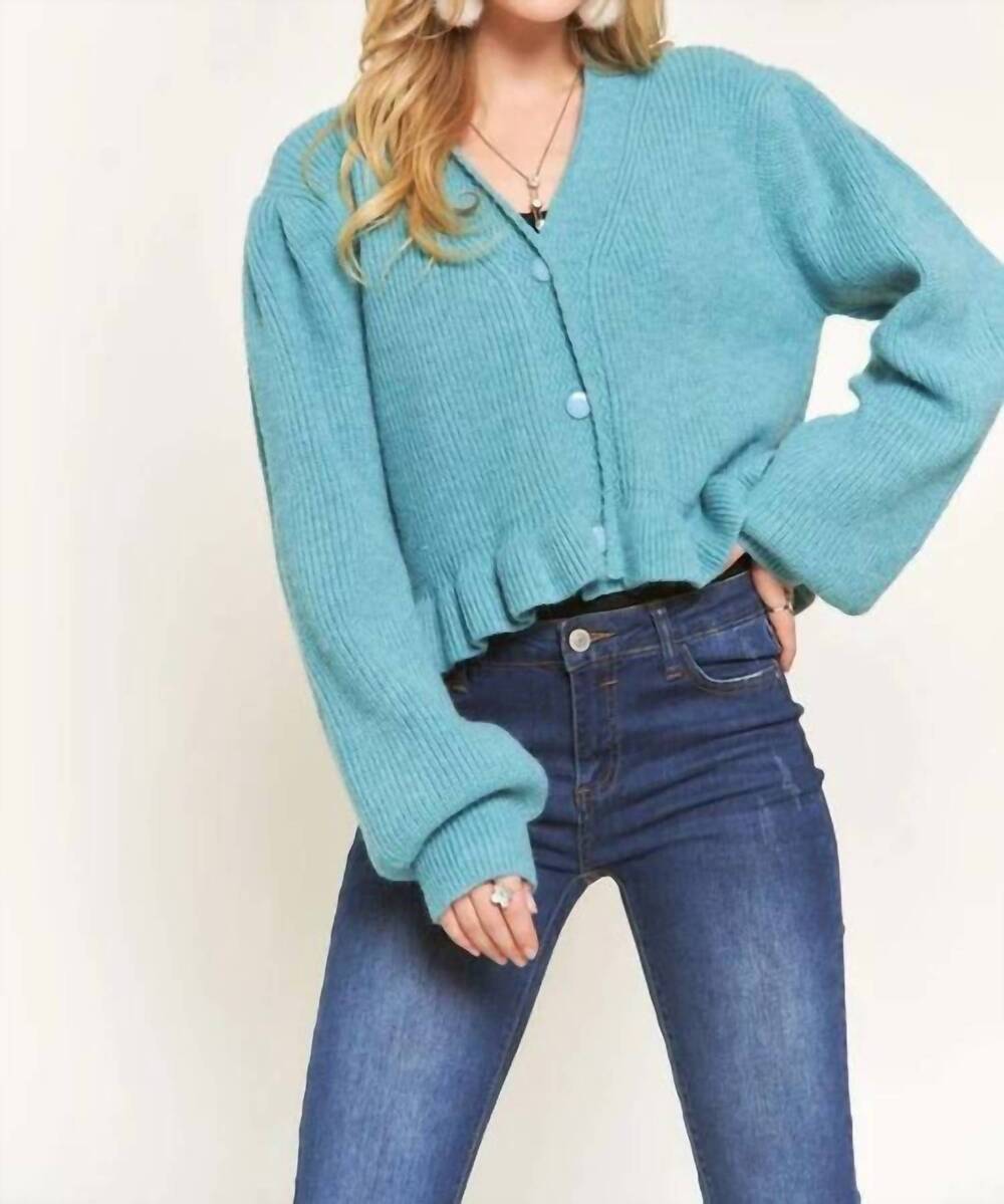 NEW ADORA puff sleeve button down sweater cardigan in aqua